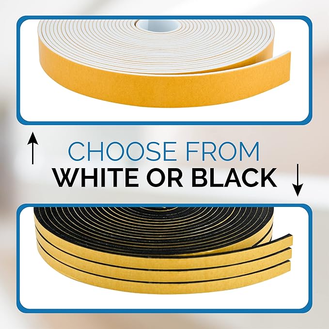 High Density Foam Weather Stripping Door Seal Strip Insulation Tape Roll for Insulating Door Frame, Window, Air Conditioner | Self Adhesive Sealing Weatherstrip (Black, 1/2 in x 1/8 in x 50)