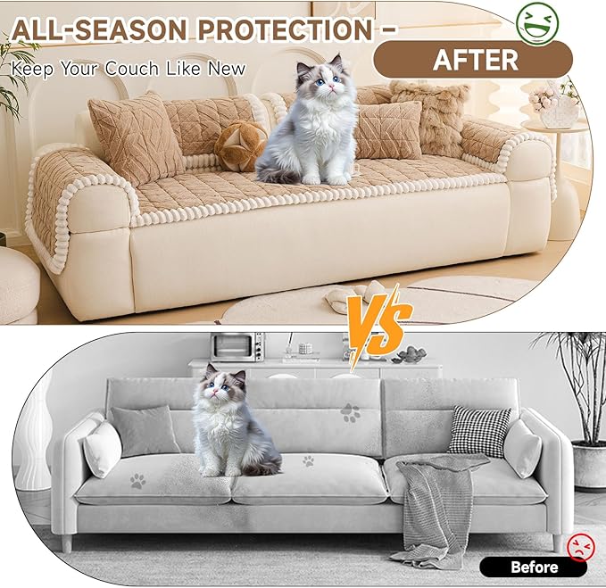 OTOB Couch Covers for 3 Cushion Couch Sofa Pet Friendly, Washable & Non Slip Geometric Jacquard Modern Plush Fuzzy Sofa Slipcovers Protector, All Season Soft Pet Couch Cover (Coffee, 27.6"x82.7")
