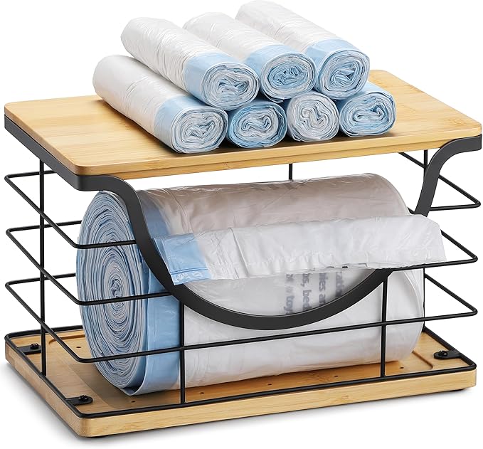 Extra Large Trash Bag Holder Under Sink Organizer Stackable Pantry Organizers and Storage with Lid, Wall Mounted Garbage Bag Dispenser Roll Holder for Kitchen Laundry Room Organization