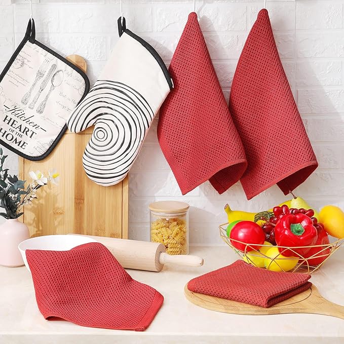 Homaxy 100% Cotton Waffle Weave Kitchen Dish Cloths, Ultra Soft Absorbent Quick Drying Dish Towels, 12 x 12 Inches, 12-Pack, Brick Red