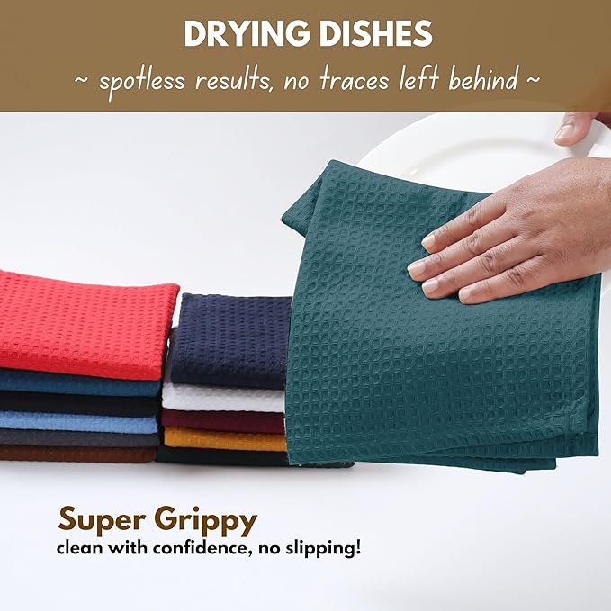 Native Fab Cotton Kitchen Towel with Hanging Loop 16x26 inches, 12-Pack, Waffle Weave Kitchen Towels for Cleaning Drying, Washcloths Soft & Absorbent Cloth Rags, Bar Towel, Dish Cloth, Teal Green