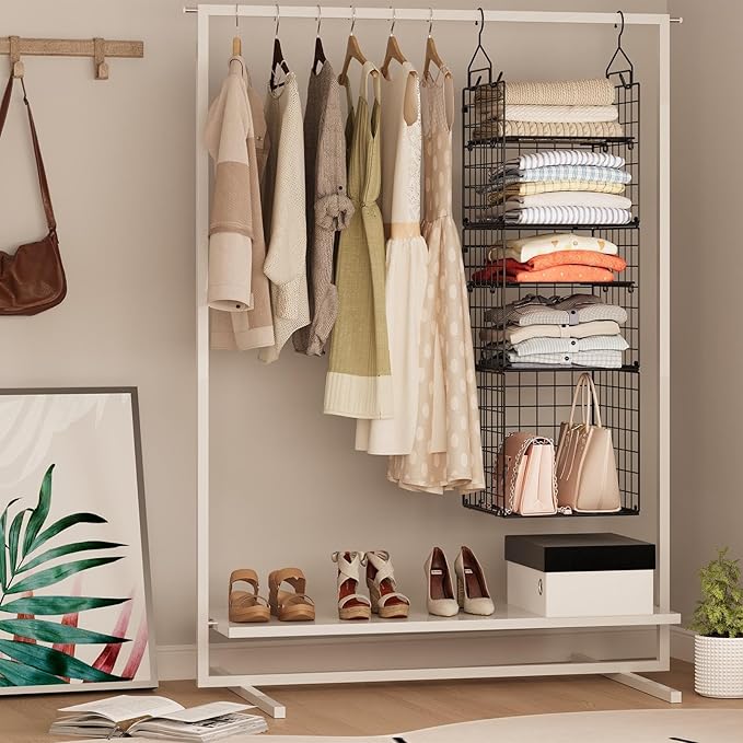 X-cosrack Hanging Closet Organizer and Storage - 5-Tier Closet Storage Organizer Baskets for Clothes & Adjustable Collapsible Metal Closet Hanging Organizer Shelves for Sweaters Shoes Handbags
