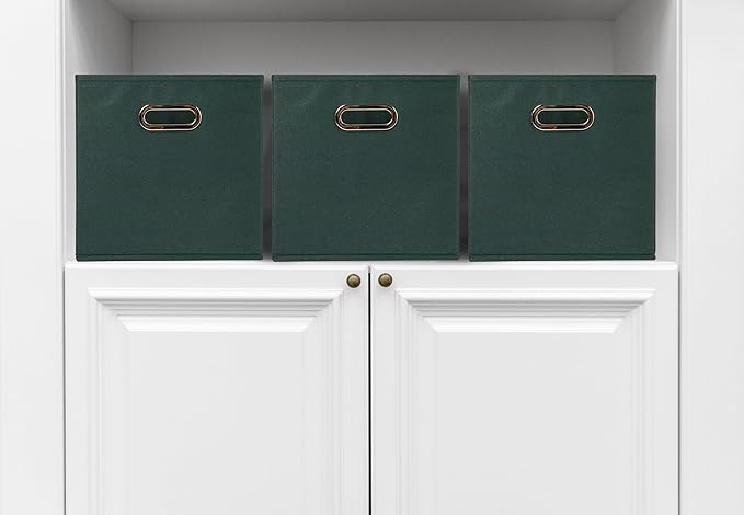 Household Essentials Fabric Storage Cube Bins, 6 Piece Set, Strong Poly-Woven Fabric, Chipboard Sides, Grommet Front Handle, Stackable and Foldable, Classic Design, Dark Green