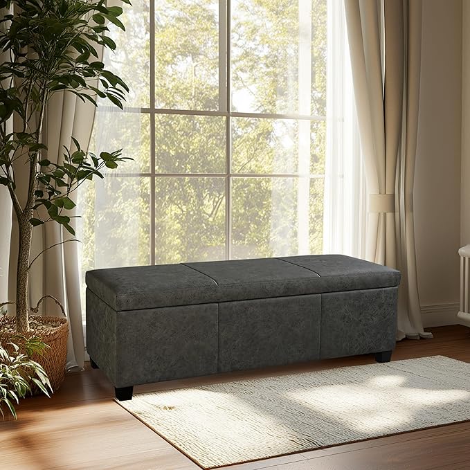 BELLEZE Storage Faux Leather Ottoman, 47 Inch Bench Bedroom Bench with Safety Close Hinge, Extra Long Ottoman with Storage for Living Room, Entryway, Hallway, Foot Rest, Support 300lbs - Rustic Gray