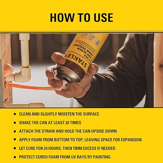 Stanley F952 Fire Block Spray Foam – (1x12oz) Fire Rated Expanding Polyurethane Foam Sealant for Gap Filling & Sealing on Doors, Windows, Walls, Pipes & Joints – Indoor/Outdoor Straw Use | 1 Pack