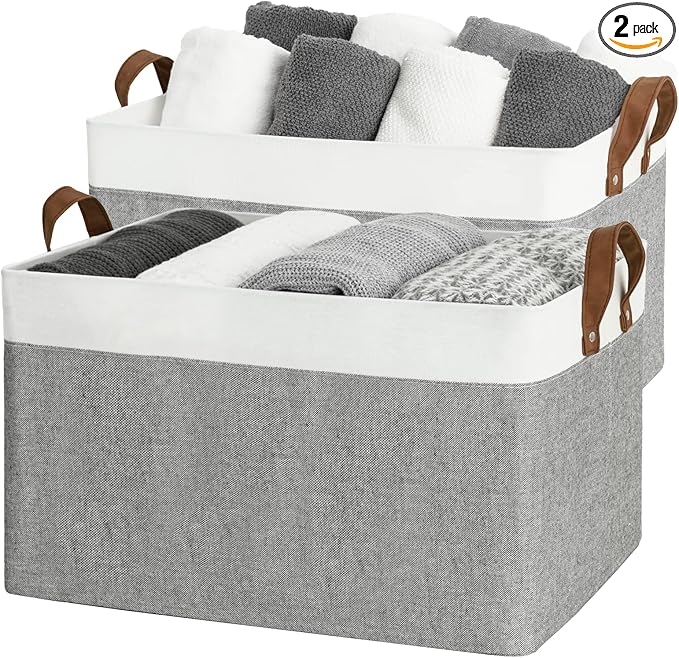 StorageWorks 45L Large Storage Bins for Closet and Shelves, Fabric Organizer Baskets with Metal Frame for Clothes, Towels, Collapsible Storage Basket, Gray and White, 2-Pack