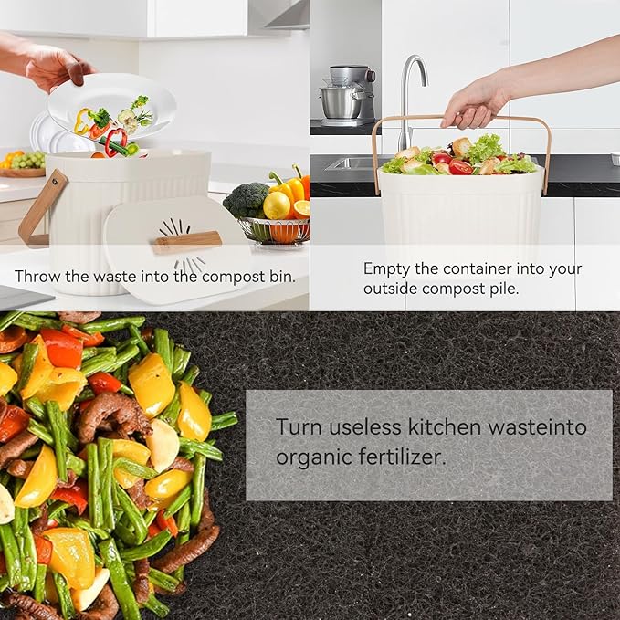 Odorless Counter Top Compost Bucket with Lid - Yatmung Small Kitchen Compost Bin Countertop - Narrow Sustainable Bamboo Composting Pail - Indoor Composter - Slim Food Waste Bin for Kitchen - Cream -