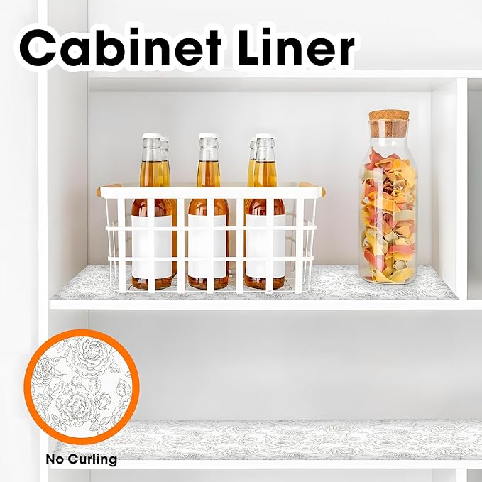 Drawer and Shelf Liners for Kitchen Cabinets Non-Adhesive Cabinet Liners Strong Grip Non Slip Waterproof Contact Paper for Cabinets and Drawers Shelves Cupboard,Flower,12IN X 20FT