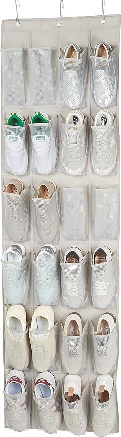 Amazon Basics 24 Medium Pocket Over-the-Door Hanging Shoe Organizer, Light Grey