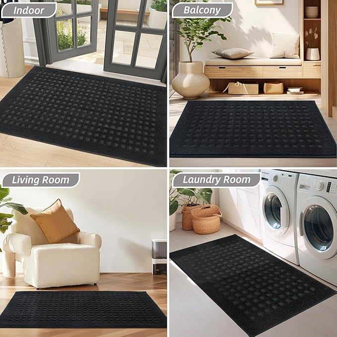 BEQHAUSE Waffle Door Mats Indoor 20"x32", Dog Mat for Muddy Paws Absorbent and Dirt Resist Floor Mats Non-Slip Washable Rugs for Entryway, Welcome Mat for Front Back Door, Muddy Wet Shoes, Black