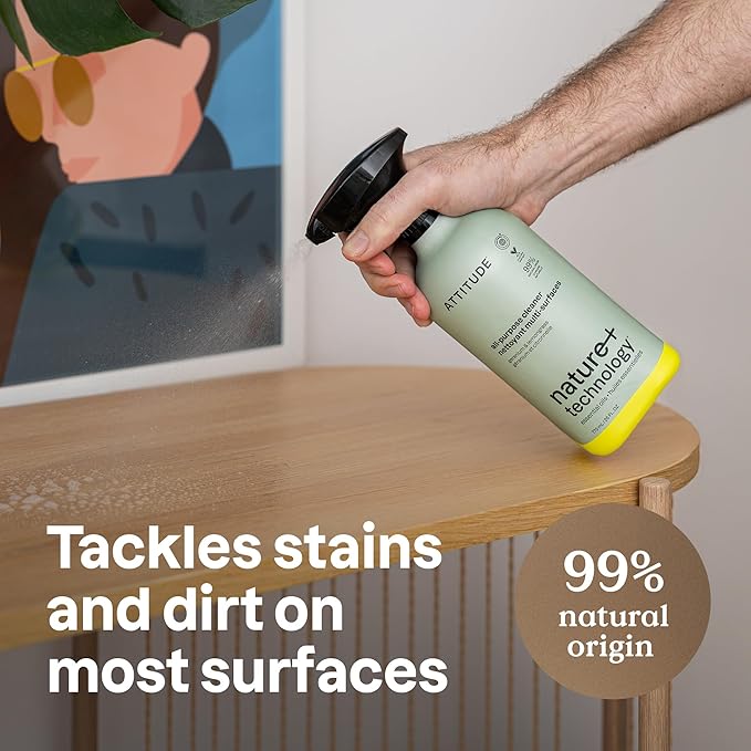 ATTITUDE All-Purpose Cleaner Spray, Natural Origin Ingredients, EWG Verified, Ammonia-Free, Removes Fingerprints, Dust and Dirt, Streak-Less, Geranium & Lemongrass, 26 Fl Oz