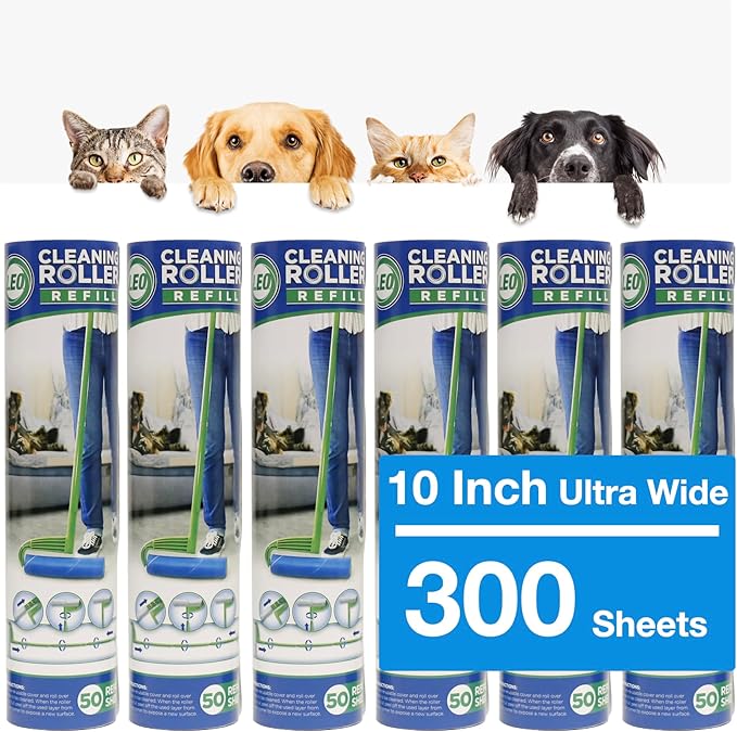 Leo 10-Inch Wide Lint Roller Refills, 6 Rolls with 50 Sheets Each (300 Sheets Total), Extra Sticky for Pet Hair, Carpet & Floor Cleaning