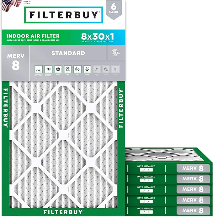 Filterbuy 8x30x1 Air Filter MERV 8 (MPR 700) Dust Defense Replacement (6-Pack), Electrostatic Pleated HVAC AC Furnace Filters, Made in USA (Actual Size: 7.50 x 29.50 x 0.75)