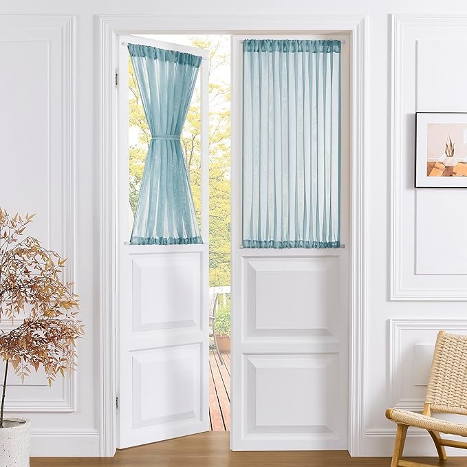 Tollpiz Short Sheer Door Curtains Closet Linen Textured Curtains Sheer Doorway Light Filtering Voile Patio Door Rod Pocket Curtain French Door, 54 x 40 inches Long, Dusty Blue, Set of 1 Panel