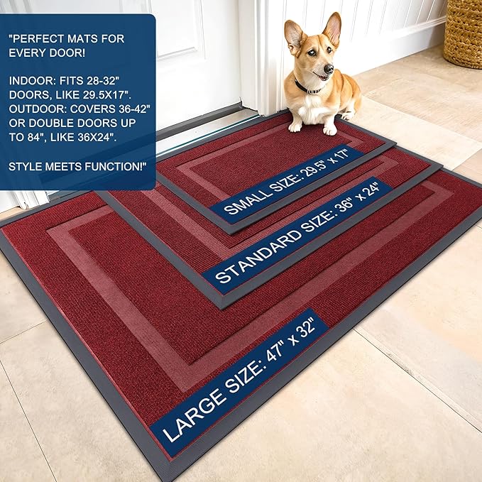 OLANLY Front Door Mat Indoor Outdoor Entrance, Waterproof All-Season, All-Weather Doormat, Sturdy Natural Rubber, Fade Resistant, Low Profile, Easy Clean Patio Porch Entryway Mat, 47x24, Wine Red
