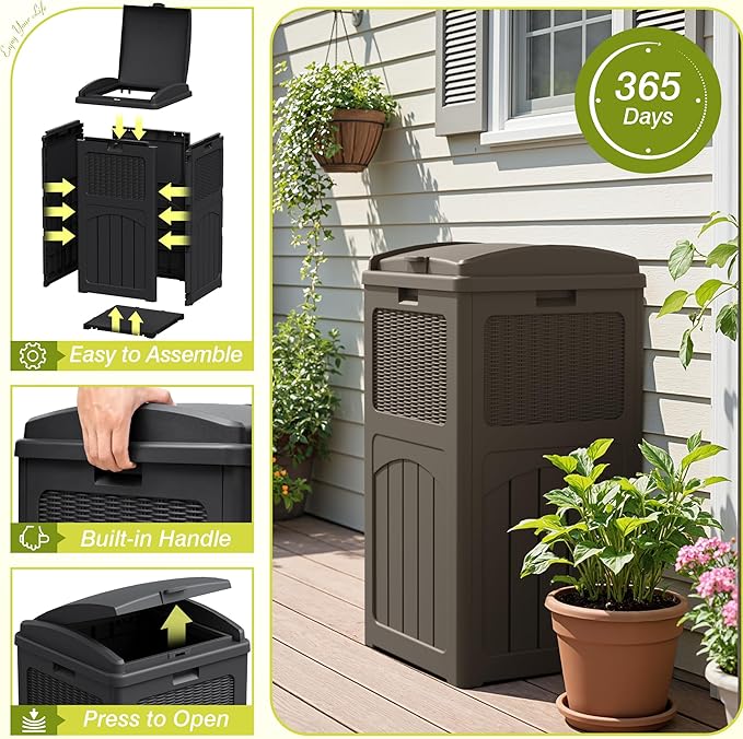 Greesum 33 Gallon Outdoor Trash Can with Lid, Waterproof Resin Garbage Bin for Hideaway, Deck, Patio, Brown