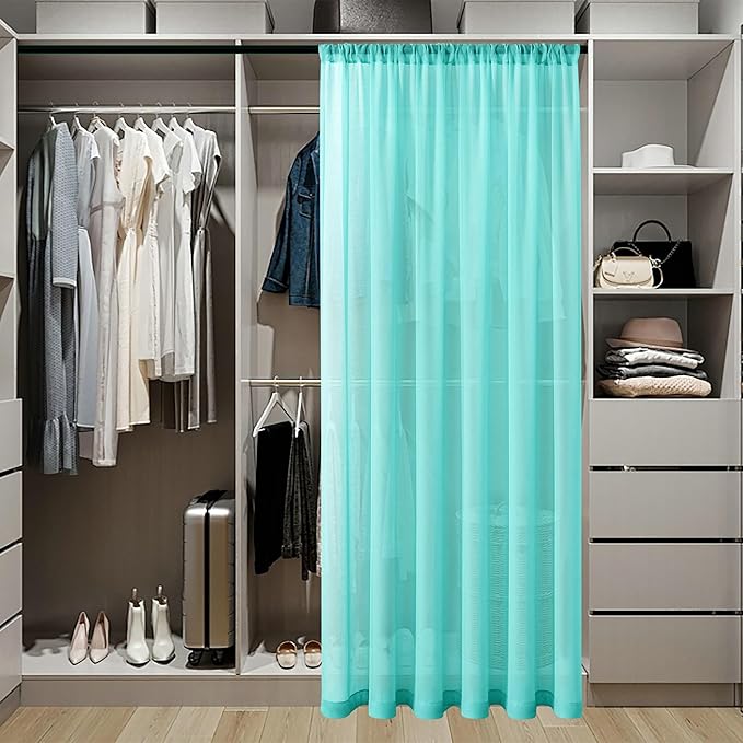 Tollpiz Sheer Door Curtains Closet Linen Textured Curtains Sheer Doorway Light Filtering Voile Rod French Door Pocket Curtain Patio Door, 25 x 72 inches Long, Aqua Blue, Set of 1 Panel