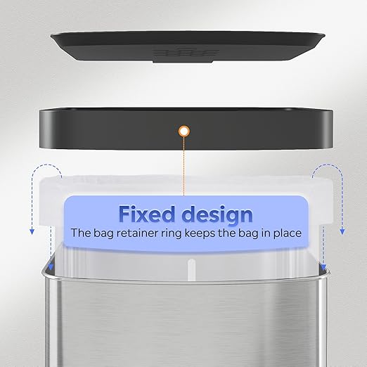 WLIVE 55 Liter Gallon Trash Can with Soft-Close Lid, 14.5 Gallon Brushed Stainless Steel Garbage Can, Kitchen Trash Can with Hands-Free Step, Integrated Bag Ring, Silver