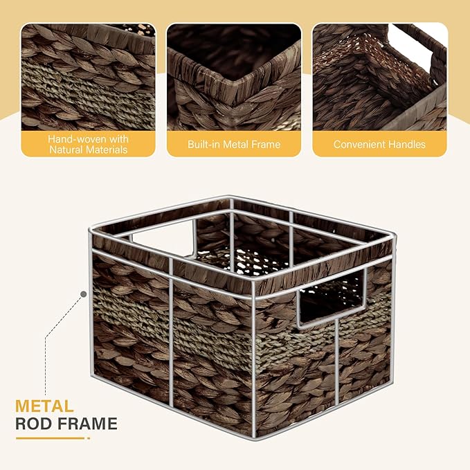 Water Hyacinth Wicker Basket, Decorative Woven Baskets with Built-in Handles, Hand-woven Storage Organizer for Organizing Pantry, Livingroom, Bedroom, Shelves, Toilet(2-PACK, Brown)