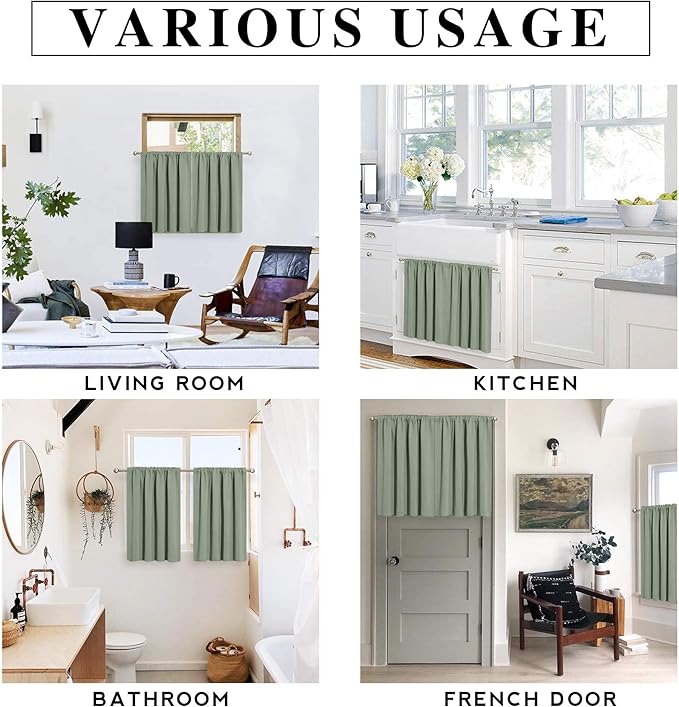 RYB HOME Short Curtains 36 inch 2 Panels Set, Room Darkening Small Window Drapes Thermal Insulated Cafe Curtains for Kitchen Dorm Transit Van, W52 x L36 inch, Grayish Green