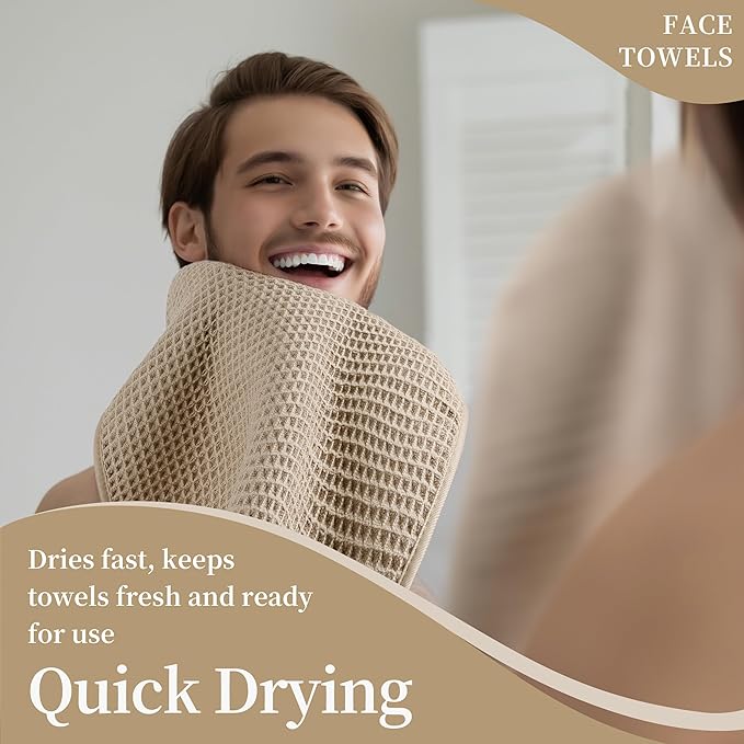 Microfiber Waffle Face Towels, 2 Pieces, Soft, Absorbent, Fast Drying, Lint Free (Beige)