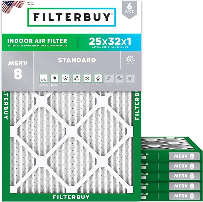 Filterbuy 25x32x1 Air Filter MERV 8 (MPR 700) Dust Defense Replacement (6-Pack), Electrostatic Pleated HVAC AC Furnace Filters, Made in USA (Actual Size: 24.50 x 31.50 x 0.75)