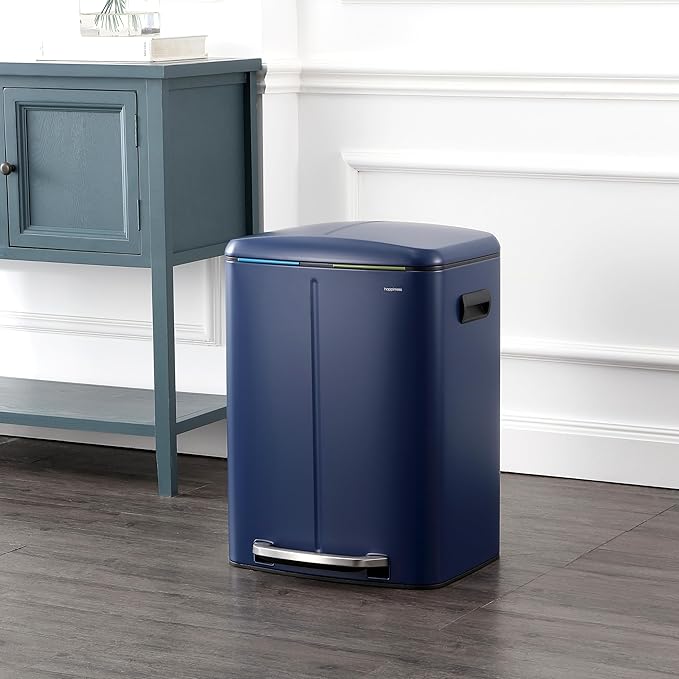 happimess HPM1005J Marco Rectangular 10.6-Gallon Double Bucket Trash Can with Soft-Close Lid, Denim Blue,with Soft-Close Lid, Modern, Minimalistic for Home, Kitchen, Office, Bedroom, Bathroom
