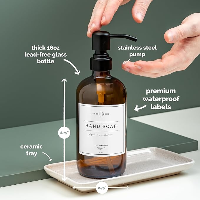 Vine Creations Amber Glass Soap Dispenser, 2 Pack Kitchen Soap Dispenser Set with Ceramic Tray, Stainless Steel Pump, Dish Soap and Hand Soap Dispensers for Bathroom Decor with Waterproof Labels