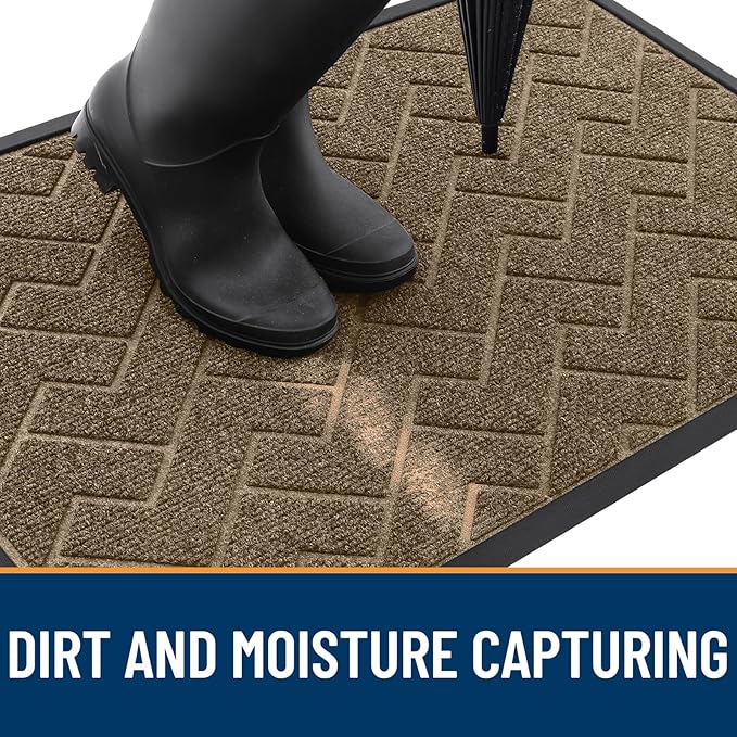 OLANLY Front Door Mat Indoor Outdoor Entrance, Waterproof All-Season, All-Weather Doormat, Sturdy Natural Rubber, Low Profile, Easy Clean Patio Porch Entryway Mat, Herringbone Brick (Brown, 29.5x17)