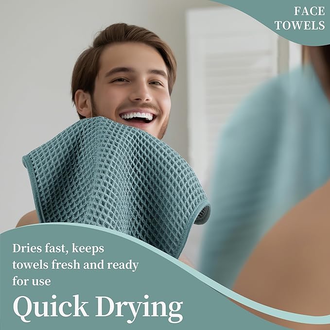 Microfiber Waffle Face Towels, 2 Pieces, Soft, Absorbent, Fast Drying, Lint Free (Green)
