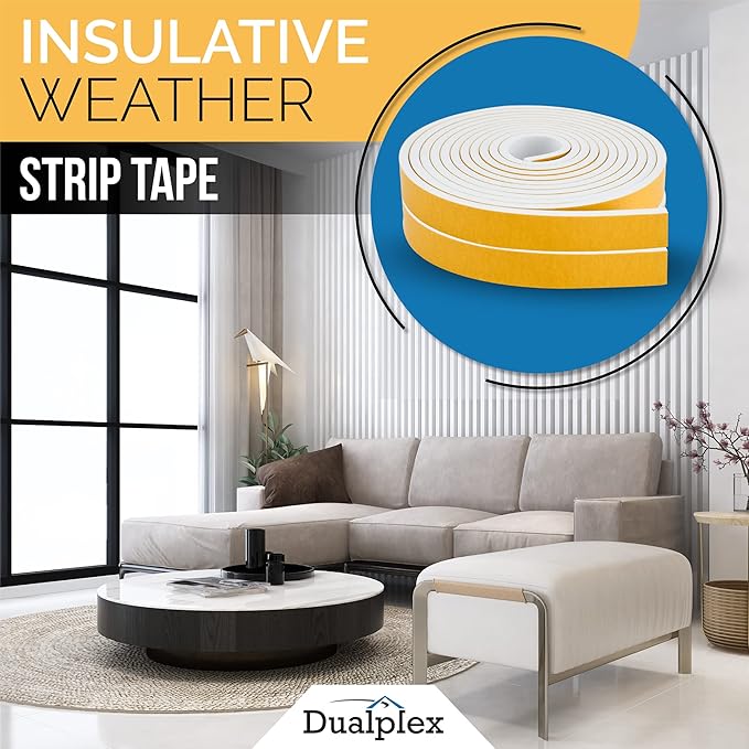 High Density Foam Weather Stripping Door Seal Strip Insulation Tape Roll for Insulating Door Frame, Window, Air Conditioner | Self Adhesive Sealing Weatherstrip (White, 1 in x 1/8 in x 30 Ft)