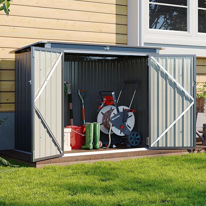Aoxun 80 CU.FT Outdoor Storage Shed Metal Trash Can Storage with Chain Lid Waterproof Outdoor Garbage Can Organizer, Ideal for 2 Trash Bins, Toys, Garden Tools (Black)