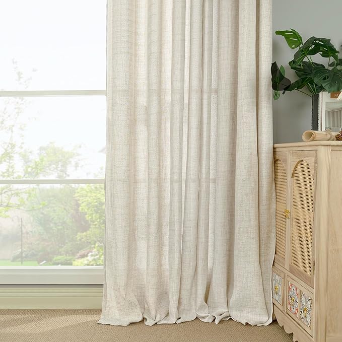 YoungsTex Linen Semi Sheer Curtains 84 Inch Length for Living Room 2 Panels Set - Boho Light Filtering Window Treatments Drapes with Rod Pocket Back Tab for Bedroom Dining, 52 X 84 Inch