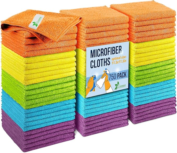 GREEN LIFESTYLE Chamois Cloth, Microfiber Cleaning Cloth 750 Pack, Borderless Towels Cleaning, Car Microfiber Towel, Drying Car Wash Towels (11.5" x 11.5", Multicolor)
