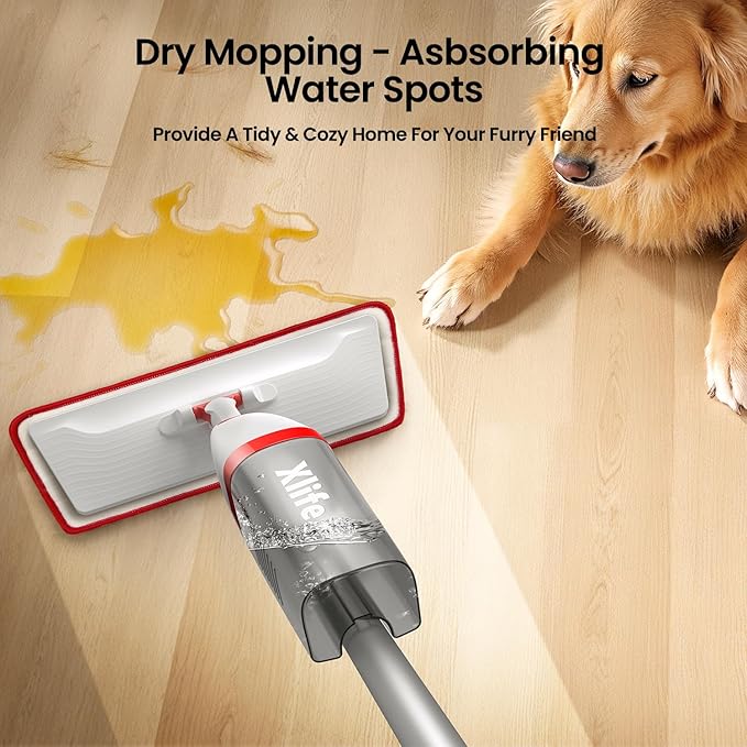 Spray Mops for Floor Cleaning with 3pcs Washable Pads, Xlife Wet Dry Mop for Kitchen Wood Hardwood Laminate Ceramic Tiles Floor Dust Cleaning-Red (No Cleaner)