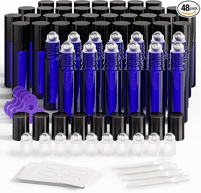 ULG Essential Oil Roller Bottles 48 Pack 10ml Cobalt Blue Glass Empty Bottles with Stainless Steel Roller Balls (10 Extra Roller Balls, 4 Openers, 4 Droppers, 48 Waterproof Labels)