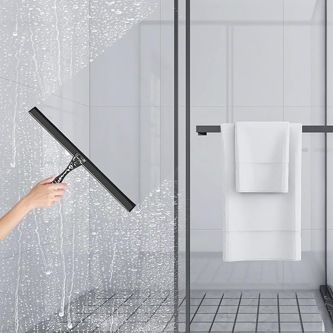 All-Purpose Silicone Shower Squeegee for Shower Glass Door,with 1 Hooks,for Bathroom Glass, Car, Tile Wall, Mirror Cleaning - Flower Shaped Handle for Easy-Grip 10 Inch Black