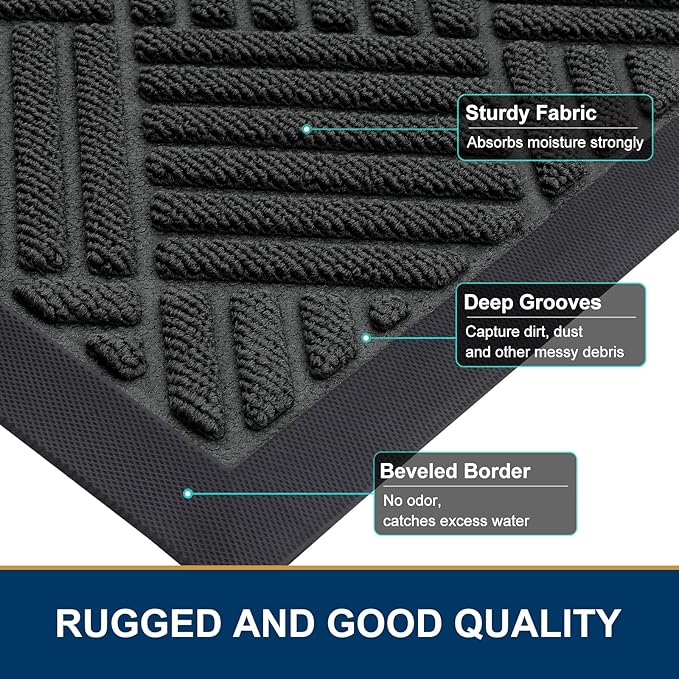 Smiry Front Door Mat Outside Entrance, Heavy Duty Outdoor Indoor Natural Rubber Doormat, Non Slip, Trap Dirt and Moisture, Easy Clean, Low Profile Patio Porch Entryway Mat, 59x20, Black