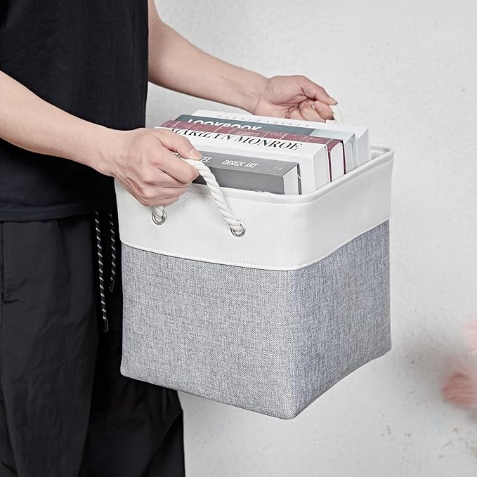 13 x 13 Inch Storage Cubes,6 Pack Cube Storage Bins for Shelves，Fabric Collapsible Storage Bins with Handles, Foldable Storage Basket for Organizing Clothes, Toys, Books (White&Gray)