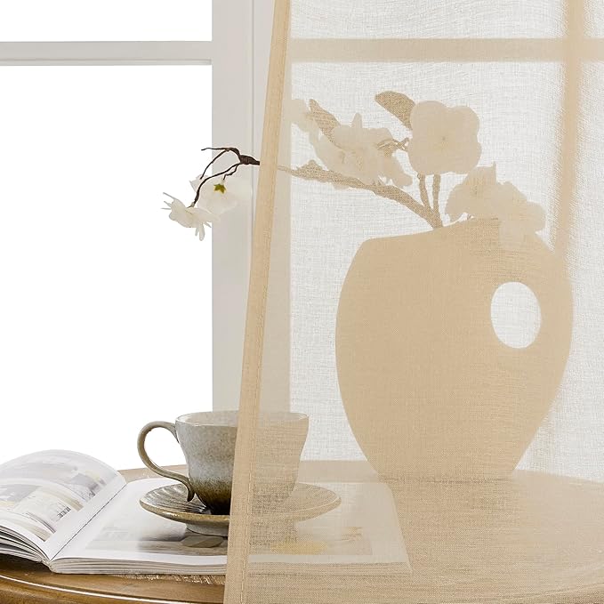 Tollpiz Short Sheer Door Curtains Closet Linen Textured Curtains Sheer Doorway Light Filtering Voile Patio Glass Door Rod Pocket Curtain French Door, 54 x 40 inches Long, Beige, Set of 1 Panel