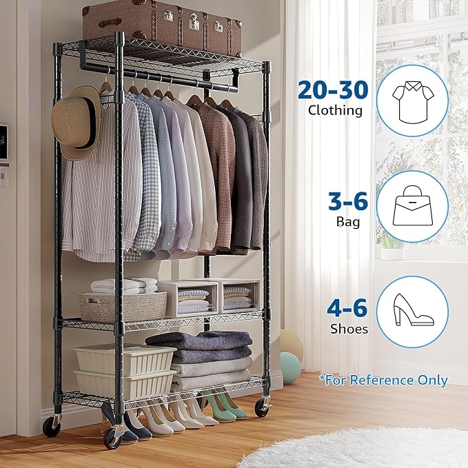Heavy Duty Rolling Garment Rack 3 Tiers Adjustable Wire Shelving Clothes Rack with Rods and Side Hooks,Storage Closet Clothing Rack with Wheels Black 15.7" D x 29.5" W x 74.5" H