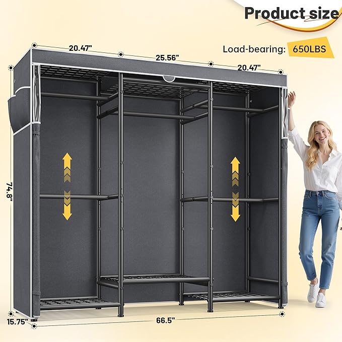 Raybee Clothes Rack with Cover Heavy Duty Clothing Racks for Hanging Clothes Adjustable Metal Clothes Rack for Bedroom 66.5" Wx15.75 Dx74.8 H Black