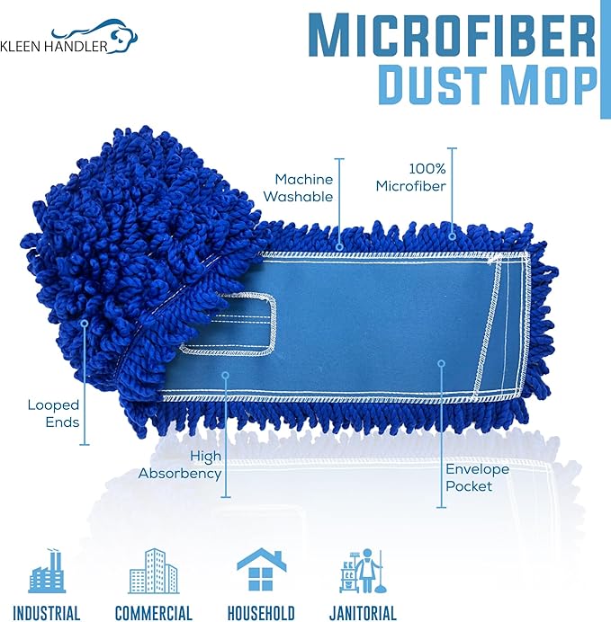 KLEEN HANDLER 24 Inch Microfiber Dust Mop Bulk Pack of 12, Medium Washable Commercial Dust Mop, Sweeper, Janitorial Dust Mop Head Replacement, Push Mop Broom, Blue