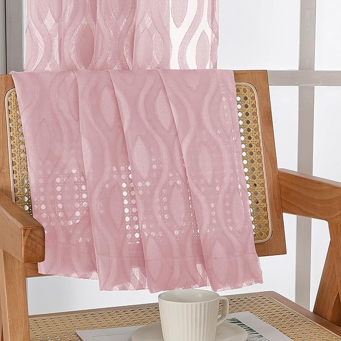 Aiyufeng Blush Pink Sheer Curtains 84 Inches Long 2 Panels Set, Soft Airy Lightweight Transparent Wavy Line Jacquard Farmhouse Curtians for Bedroom Living Room, Dual Rod Pocket, Total 80 inches Width