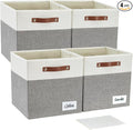 Collapsible Fabric Storage Cube Bins with 2 Reinforced PU Handles, Foldable Storage Organizer Baskets for Closet, Shelves, Living Room | 11"x11"x11", 4 Pack, Gray & White