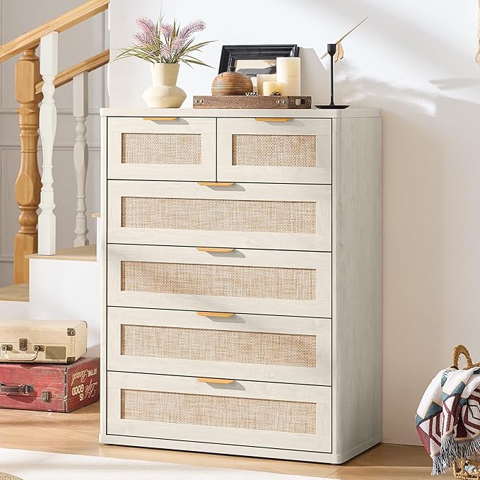 LEYAOYAO White Dresser for Bedroom, 42" Tall Chest of Drawers, Modern 6 Drawers Boho Rattan Dressers with Storage, Dresser Wooden Closet Organizer for Living Room, Hallway