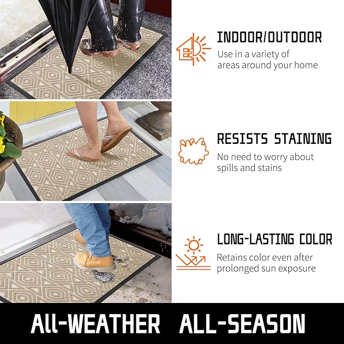 Yimobra Door Mat, Outdoor Indoor Entrance Welcome Mat, Heavy Entry Front Door Mat, Stain & Fade Resistant, Low Profile, Sturdy Rubber, Easy Clean Patio Floor Mat, Waterproof, 29.5 x 17, Light Beige