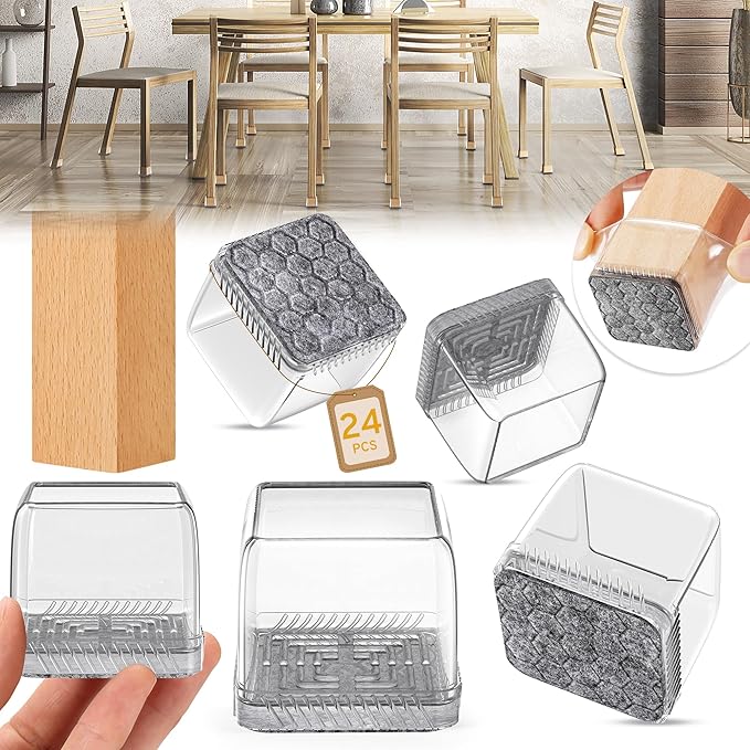 24PCS Square Chair Leg Floor Protectors, Furniture Sliders, Chair Leg Protectors for Hardwood Floors, Non-Slip Felt Furniture Pads, Silicone Cap Covers to Protect Floors, (Fit 1.5" - 2")