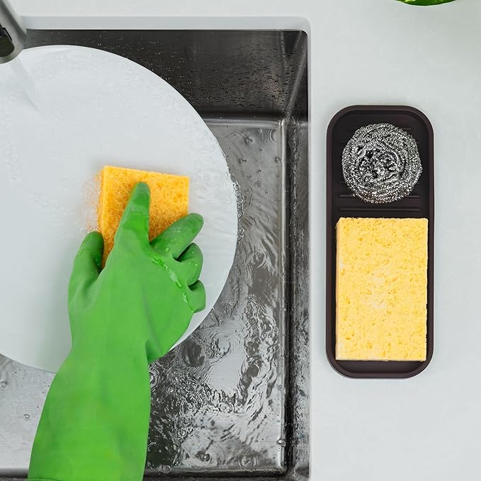 Zulay Kitchen (9x3.5 Silicone Sponge Holder for Kitchen Sink - Flexible Multipurpose Soap Tray Sponge Holder - Sink Organizer Tray for, Bathroom, Makeup, Trinkets & More (Chocolate)