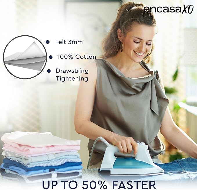 Encasa XO Ironing Board Cover and Pad 42"x14" - Thick 3mm Felt Padding, Drawstring Tightening & Lock, Easy Fit, Scorch & Stain Resistant, Fits Medium Ironing Board - White Tiles